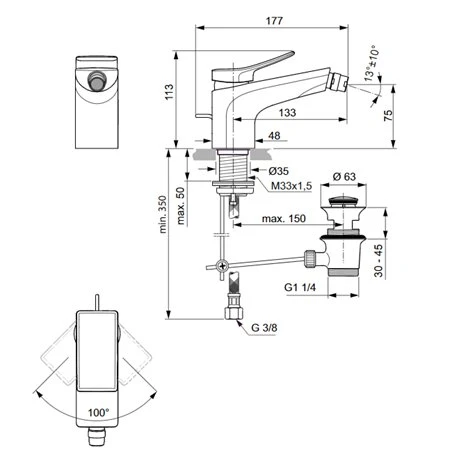 Ideal Standard Robinet Bidet Check Or Brossé, Avec Tirette Et Vidage Bonde Métal 4 Ideal Standard Robinet Bidet Check Or Brossé, Avec Tirette Et Vidage Bonde Métal – Image 2