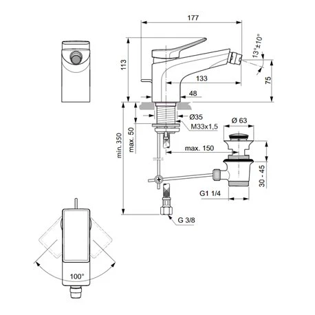 Ideal Standard Robinet Bidet Check Gris Orage, Avec Tirette Et Vidage Bonde Métal 4 Ideal Standard Robinet Bidet Check Gris Orage, Avec Tirette Et Vidage Bonde Métal – Image 2